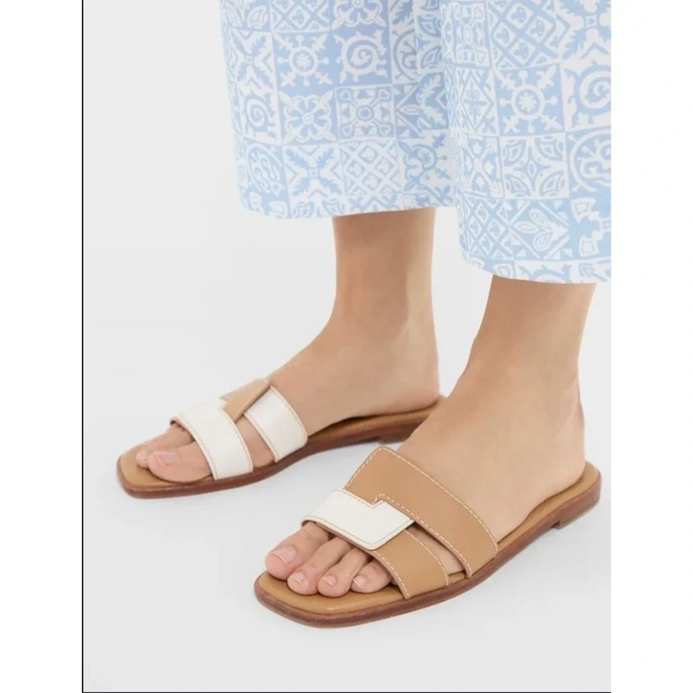 New‎ Tuckernuck Muse Cognac White Leather Slide Flat Sandals Size 6.5, $165